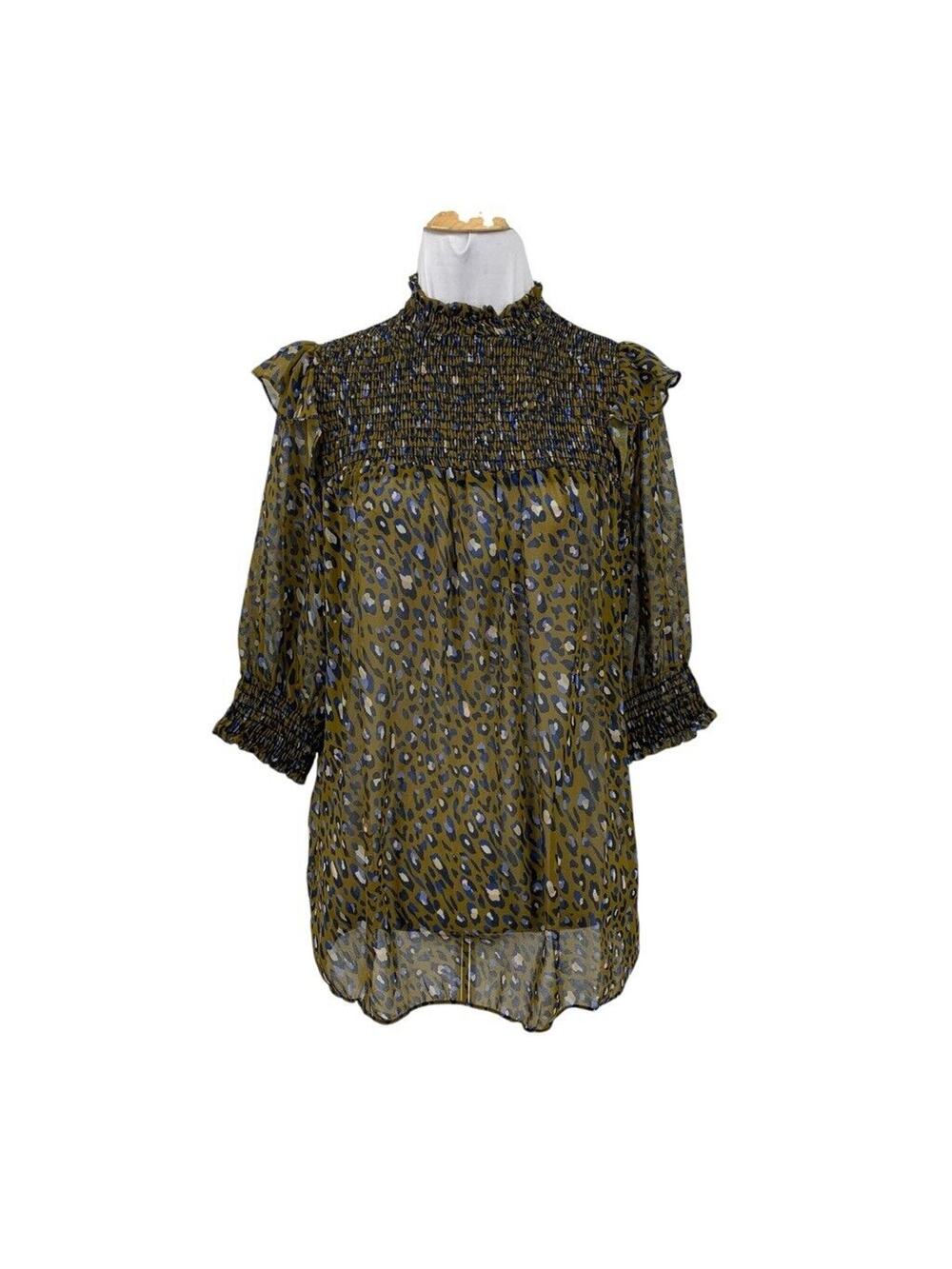 Cotton Chicks Blouse Womens S Small Multi Semi Sheer Smocked Puff Sleeve Leopard